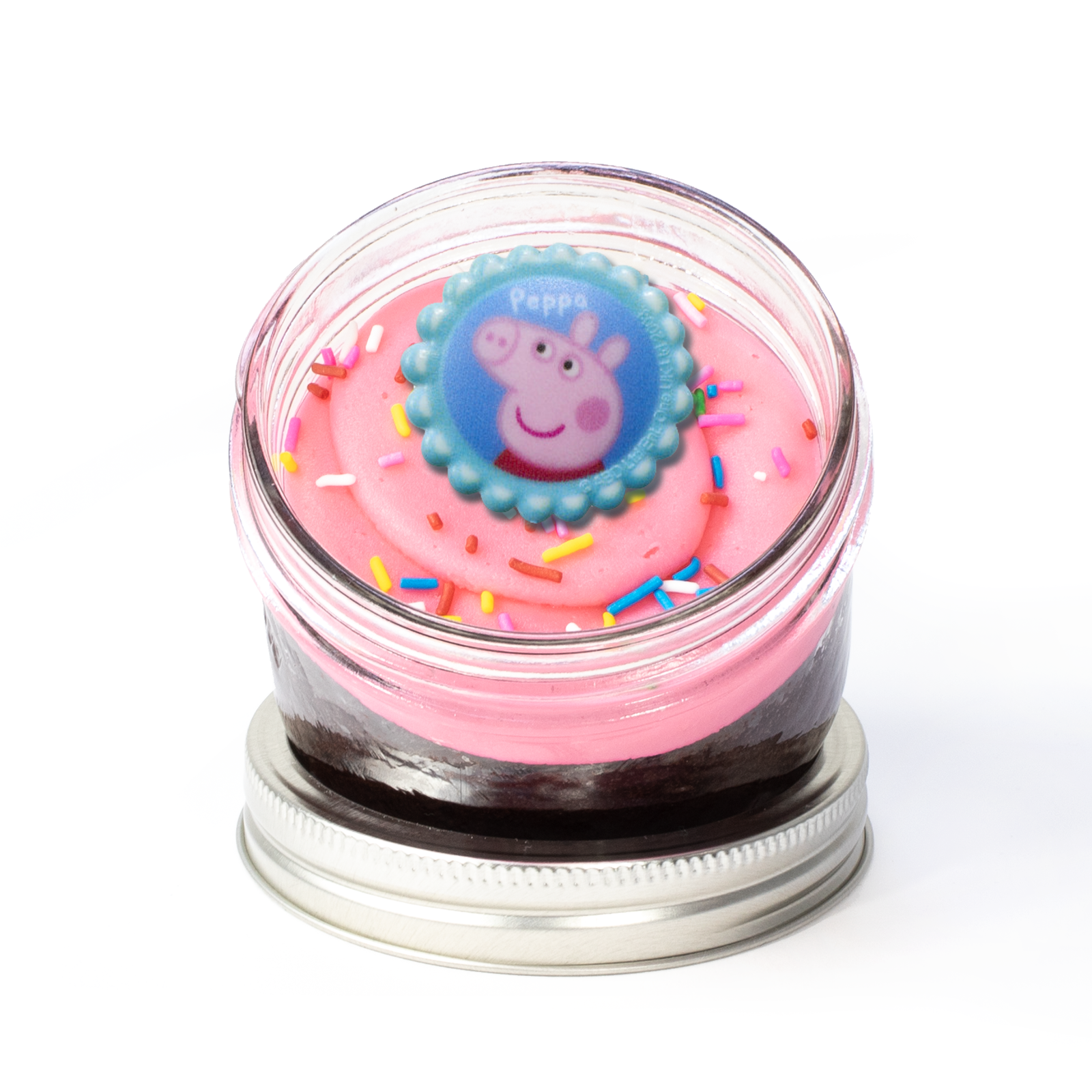 Peppa Pig Jarcake (Mini/Regular sizes) in a jar with personalized sticker option, pink frosting, and Peppa ring for nut-free delivery in Toronto.
