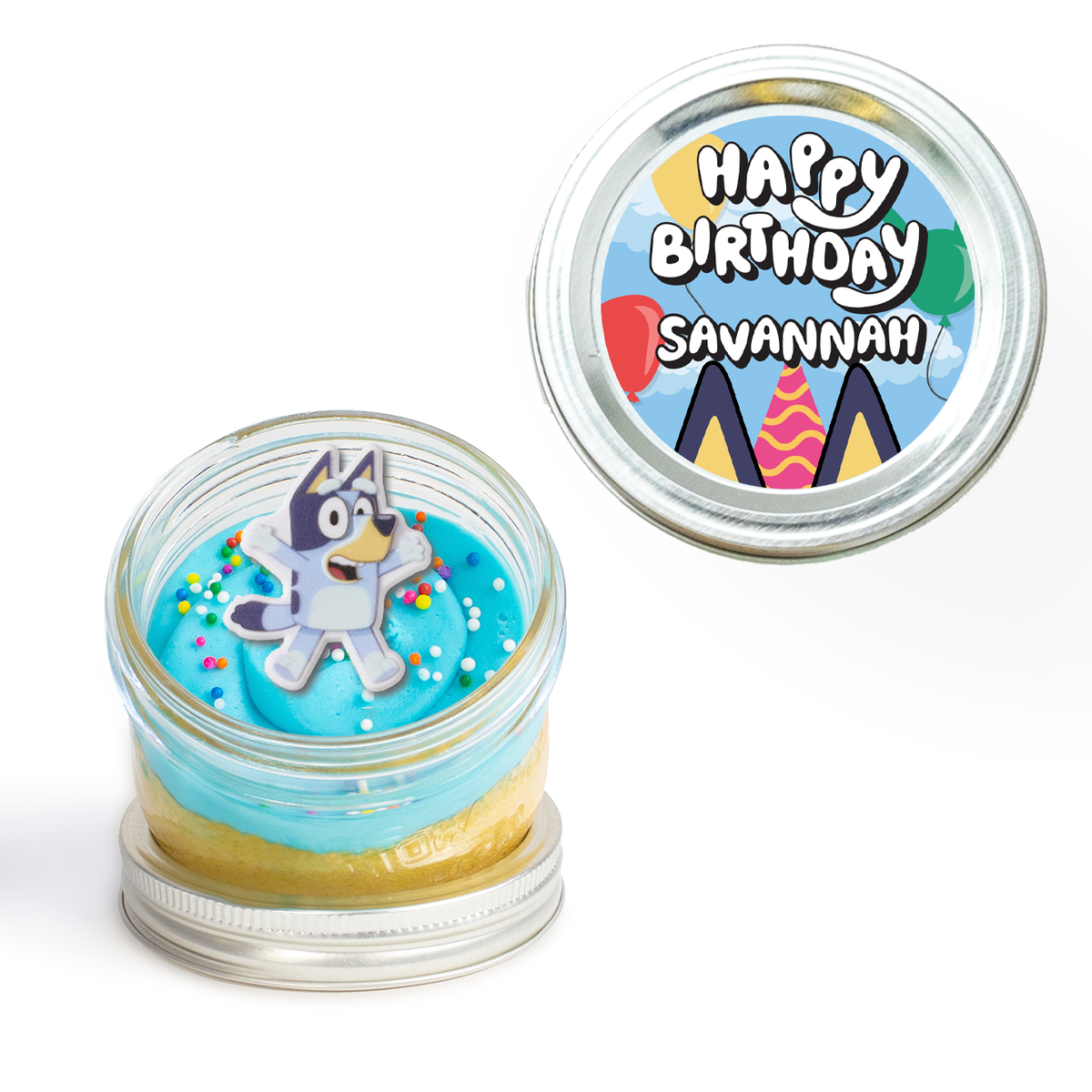 Personalized Bluey Jarcake with custom name sticker, blue frosting, and sprinkles for nut-free party favours in Toronto.