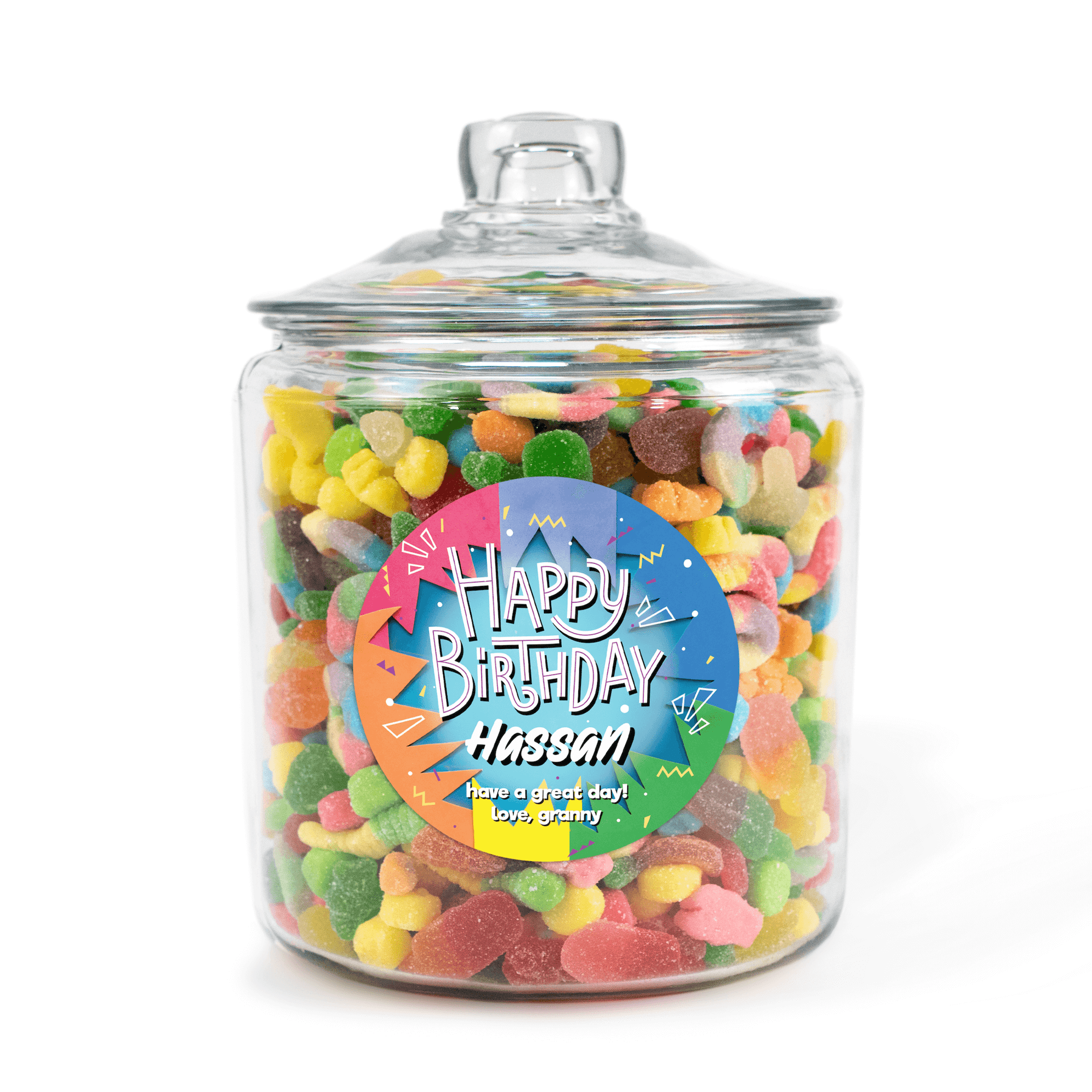 Giant Personalized Candy Jar (10 inches high) with a custom message sticker and 3kg of nut-free Boom Candy for individual gift delivery in Toronto.