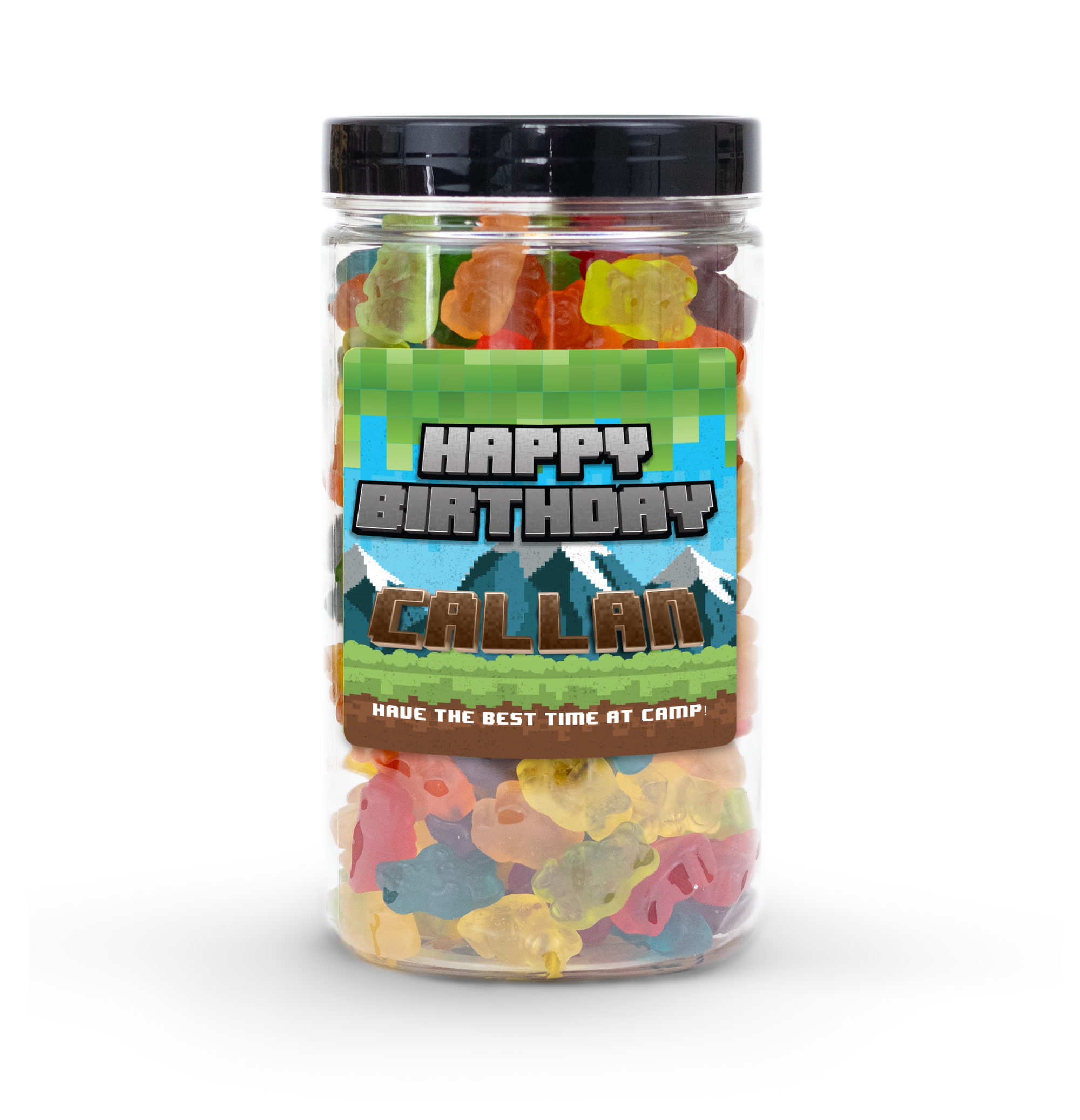 Personalized Minecraft Candy Jar (6" tall) with custom name and message sticker, filled with nut-free Boom Candy for gamer gift delivery in Toronto.