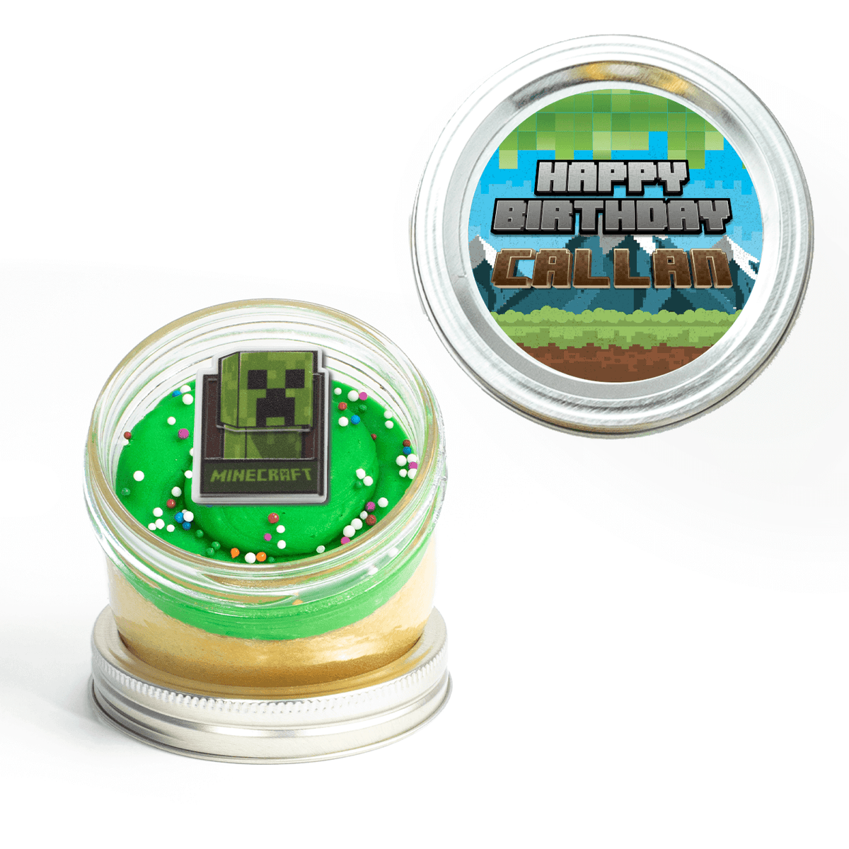 Personalized Minecraft Jarcake with custom name sticker, green frosting, and sprinkles for nut-free party favours in Toronto.