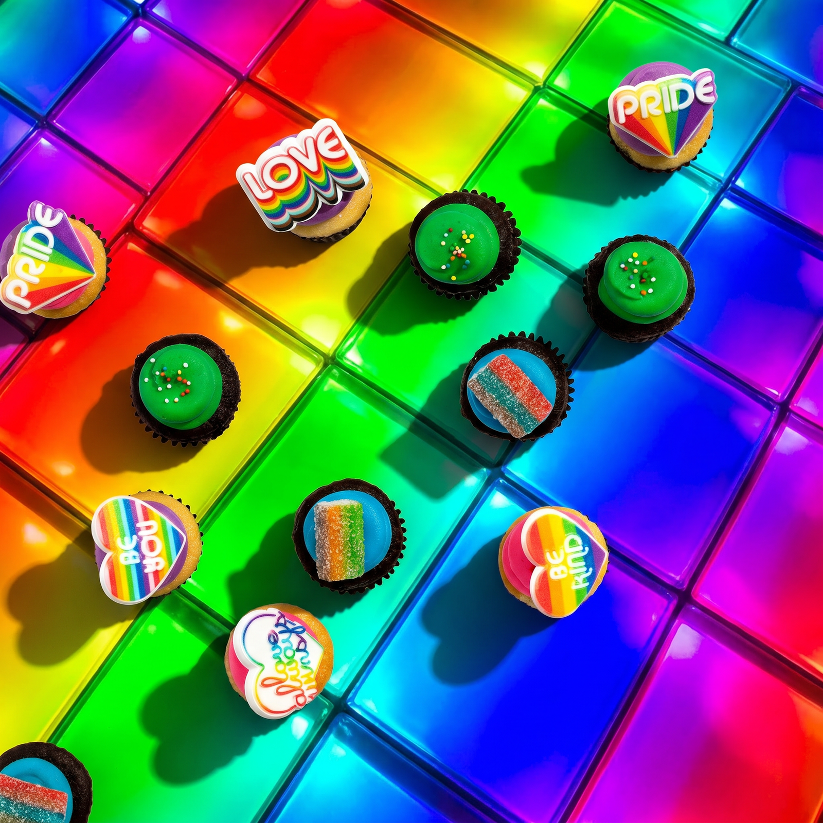 A dozen Pride themed nut-free cupcakes featuring vanilla and chocolate bases with pink, purple, blue, and green frosting, topped with rainbow candies and empowering messages like Love and Be You.