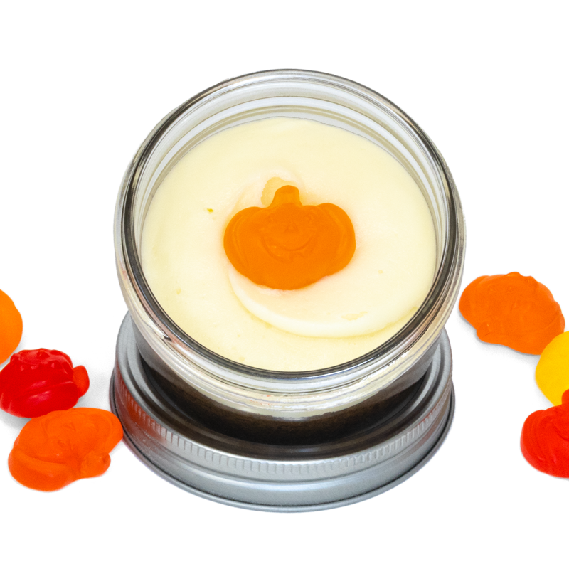 Pumpkin Spice Jarcake (Mini/Regular sizes) in a jar with personalized sticker option, cream cheese frosting, and pumpkin gummy for nut-free delivery in Toronto.