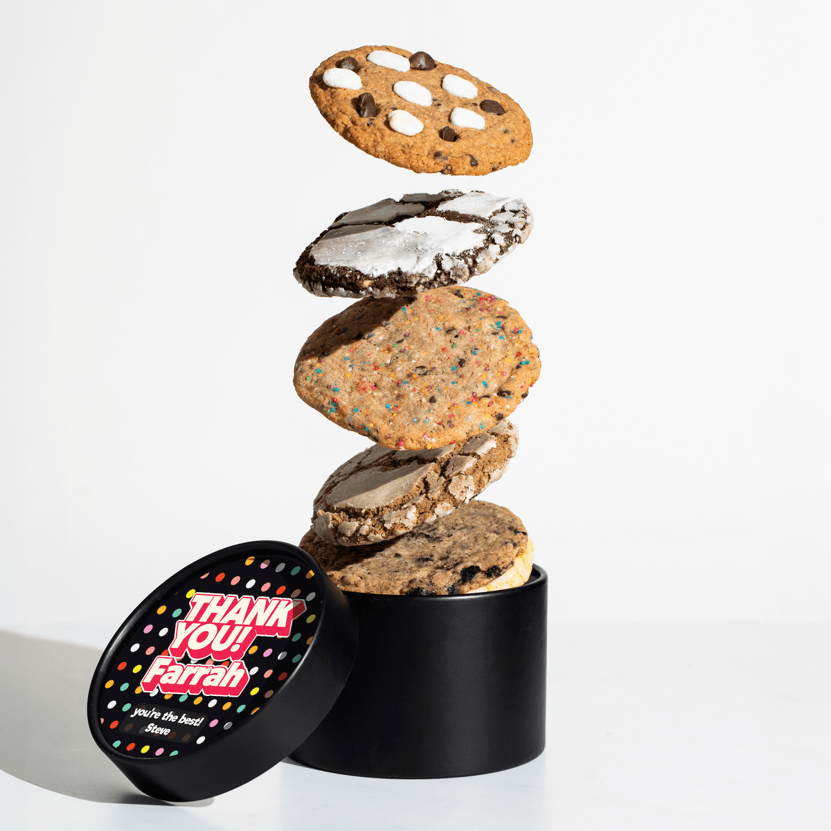 Personalized nut-free cookie gift box with custom recipient name on the lid for same-day delivery in Toronto and the GTA.