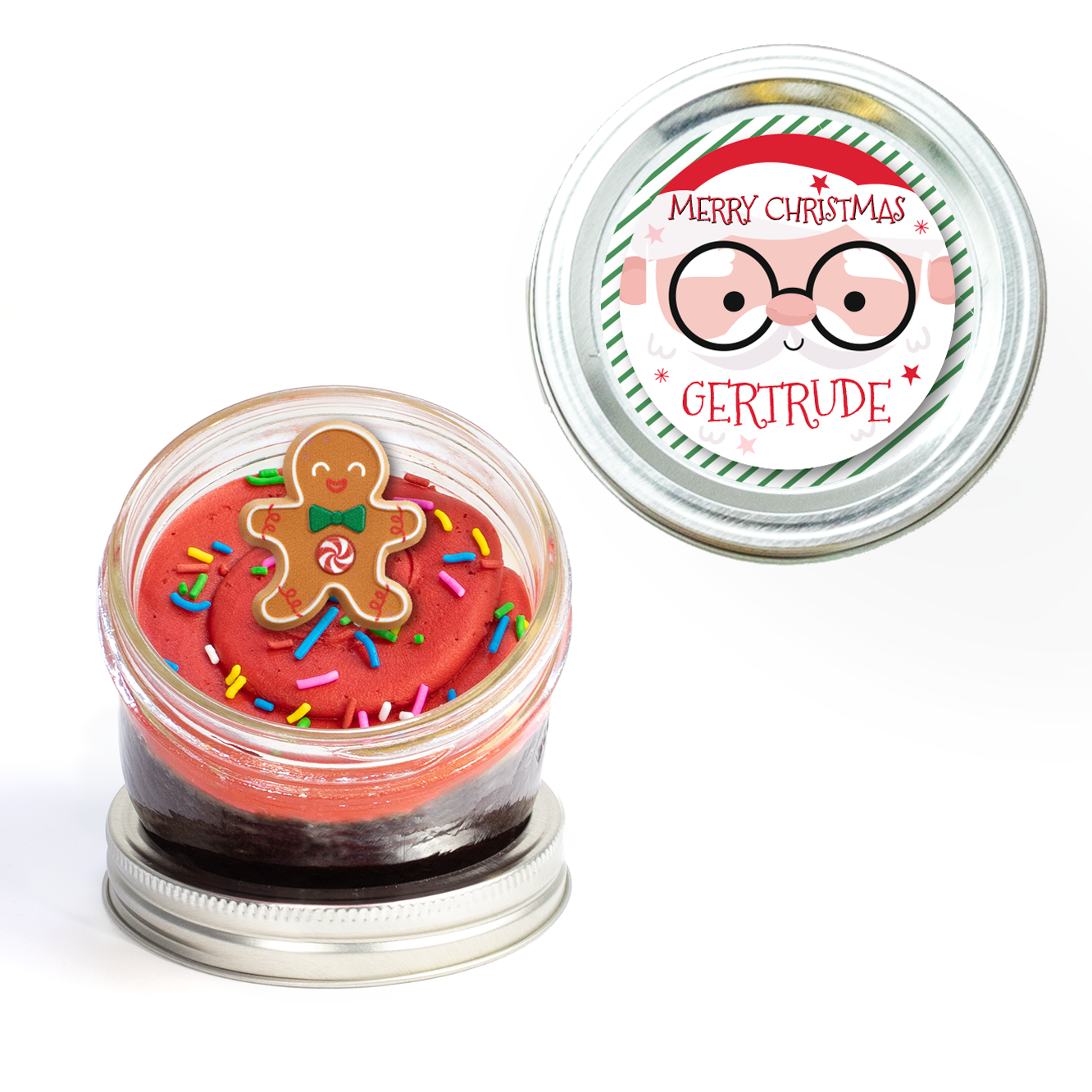 Santa Face Personalized Jarcake in a jar with Santa Claus sticker applied to a gourmet cupcake jar (various flavours available) for nut-free delivery in Toronto.