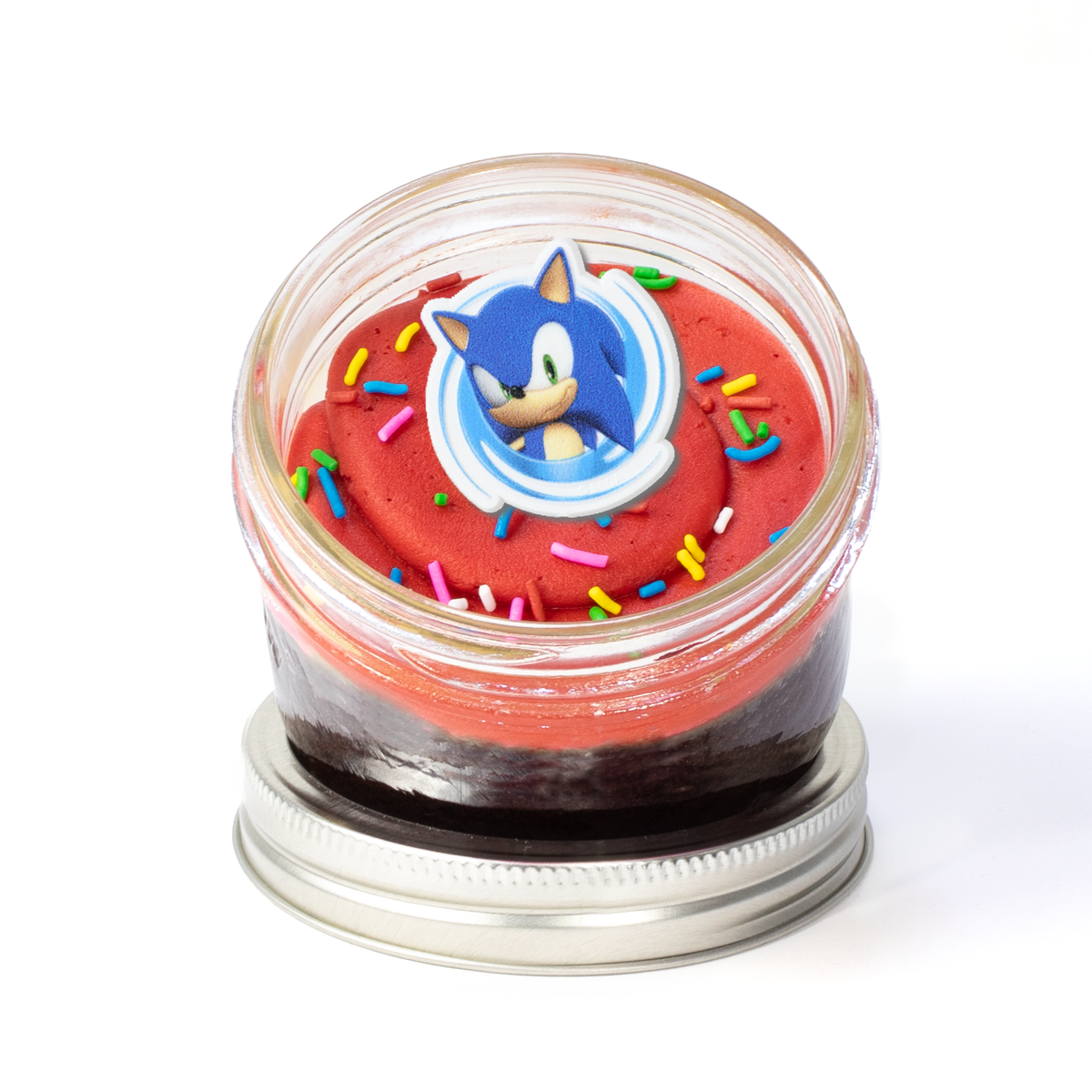 Sonic the Hedgehog Jarcake (Mini/Regular sizes) in a jar with personalized sticker option, blue frosting, and Sonic ring for nut-free delivery in Toronto.