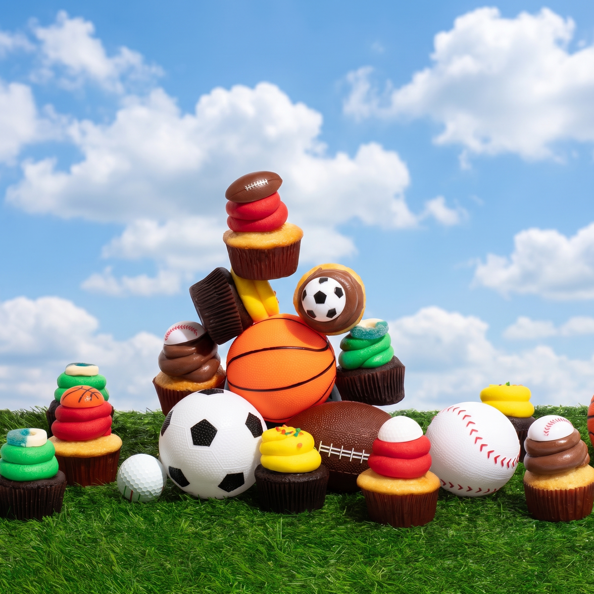 A dozen sports-themed nut-free cupcakes featuring vanilla and chocolate bases with red, green, yellow, and chocolate frosting, topped with sports balls and gummy rings.