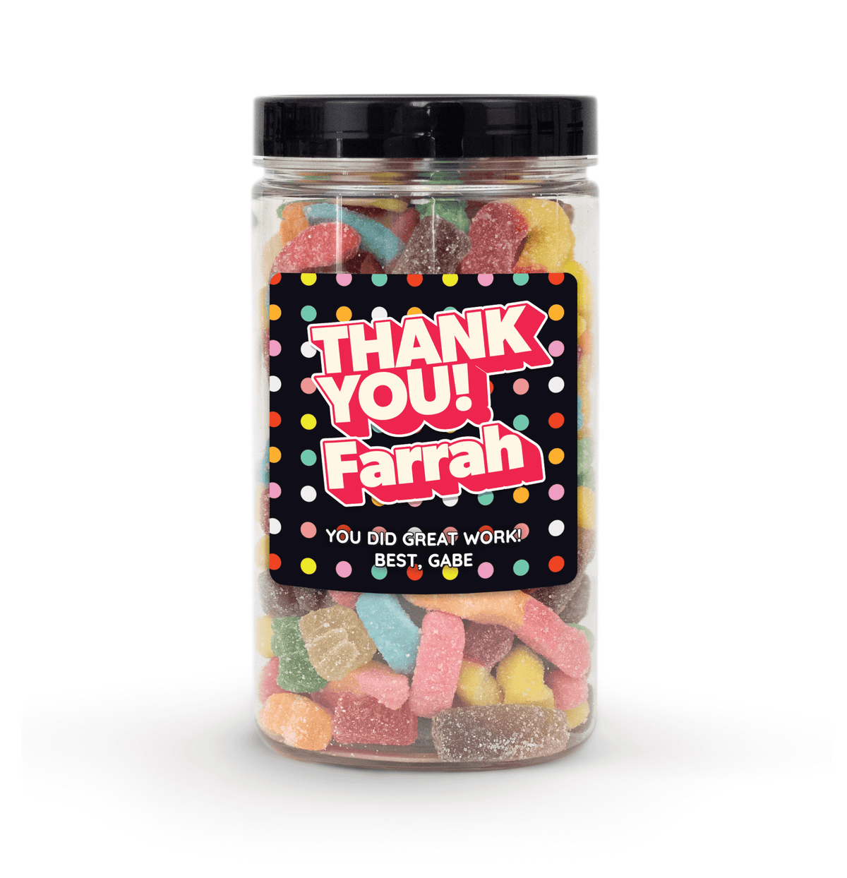 "Thank You" Candy Jar (6" tall) with custom name and message sticker, filled with nut-free Boom Candy for delivery in Toronto.