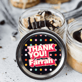 "Thank You" Personalized Jarcake in a jar with confetti sticker applied to a gourmet cupcake jar (various flavours available) for nut-free delivery in Toronto.