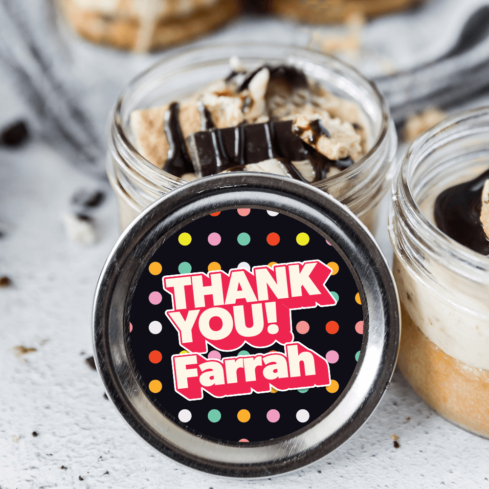 "Thank You" Personalized Jarcake in a jar with confetti sticker applied to a gourmet cupcake jar (various flavours available) for nut-free delivery in Toronto.
