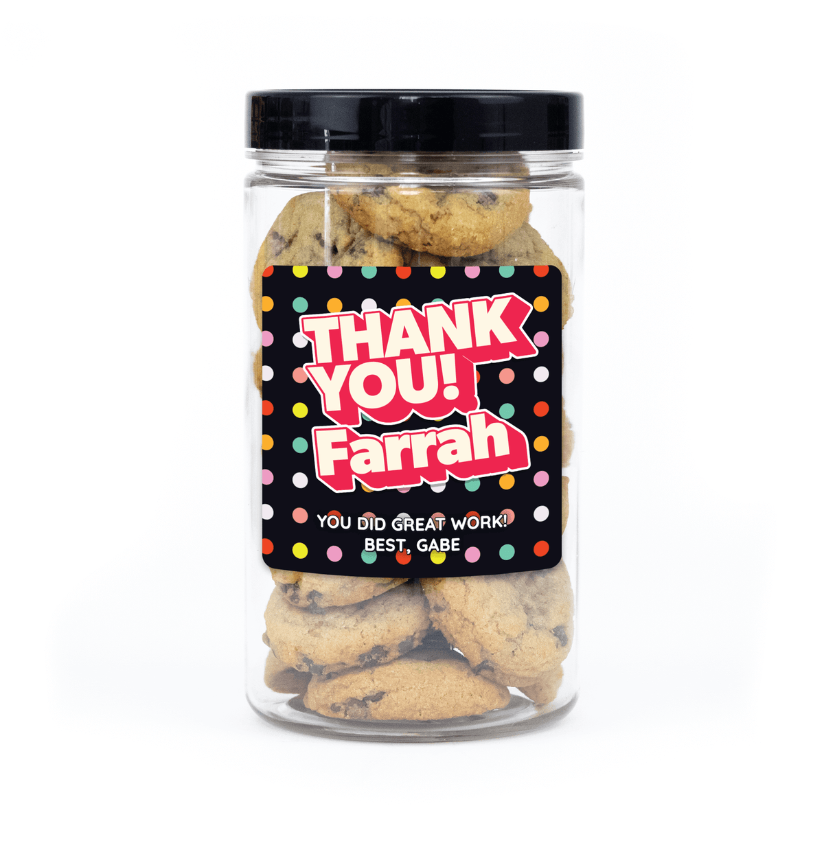 "Thank You" Cookie Jar (6" tall) with custom name and message sticker, filled with 20 mini cookies (Choc Chip, S'mores, Red Velvet) for delivery in Toronto.