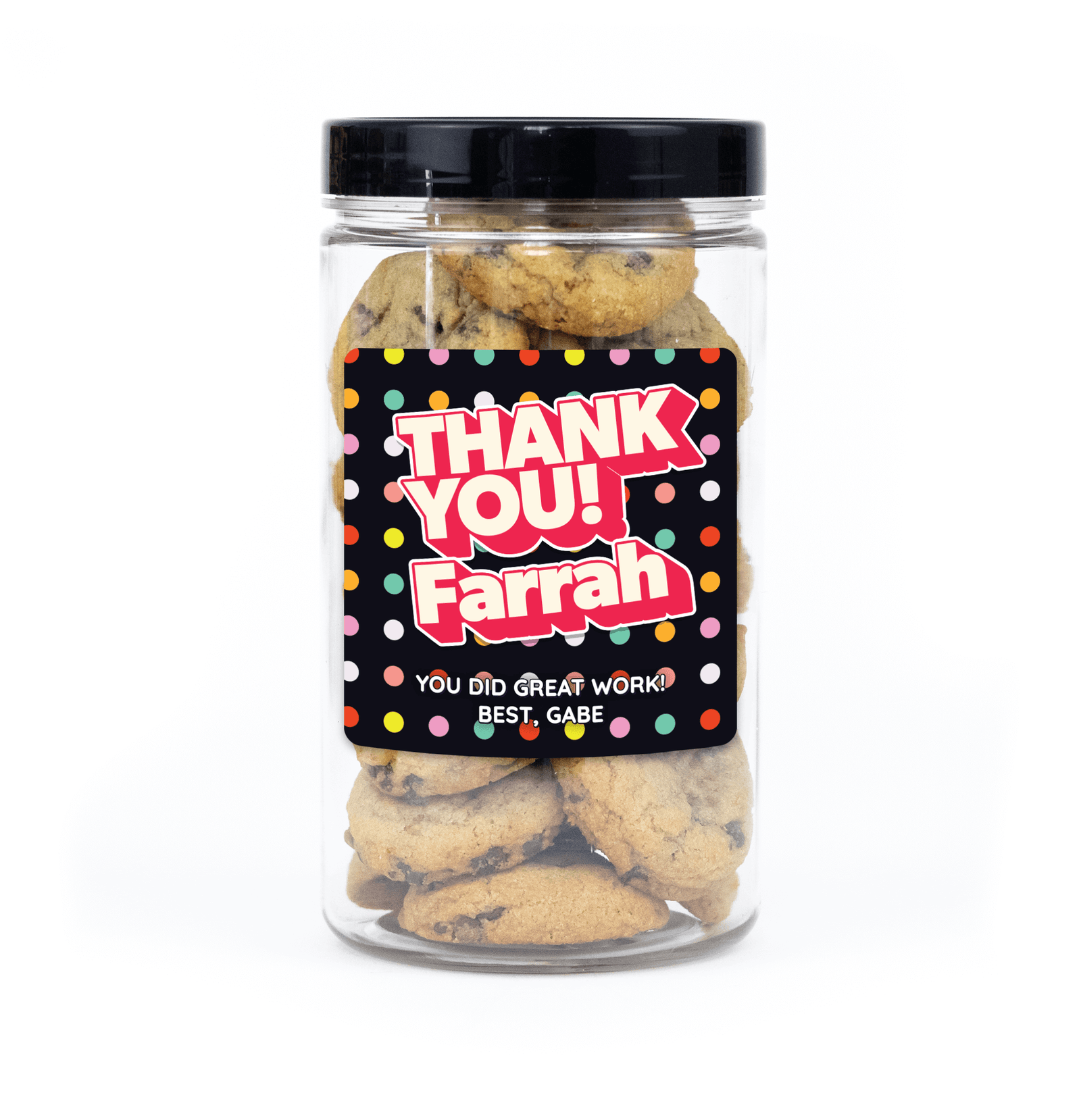 "Thank You" Cookie Jar (6" tall) with custom name and message sticker, filled with 20 mini cookies (Choc Chip, S'mores, Red Velvet) for delivery in Toronto.