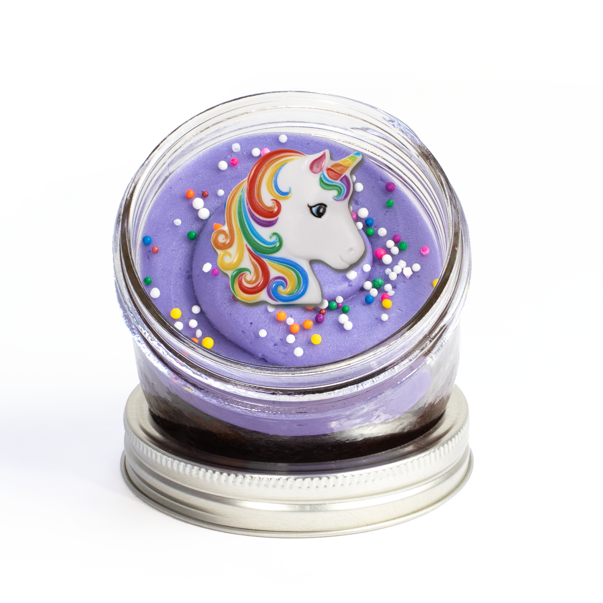 Unicorn Jarcake (Mini/Regular sizes) in a jar with personalized sticker option, rainbow frosting, and unicorn horn for nut-free delivery in Toronto.