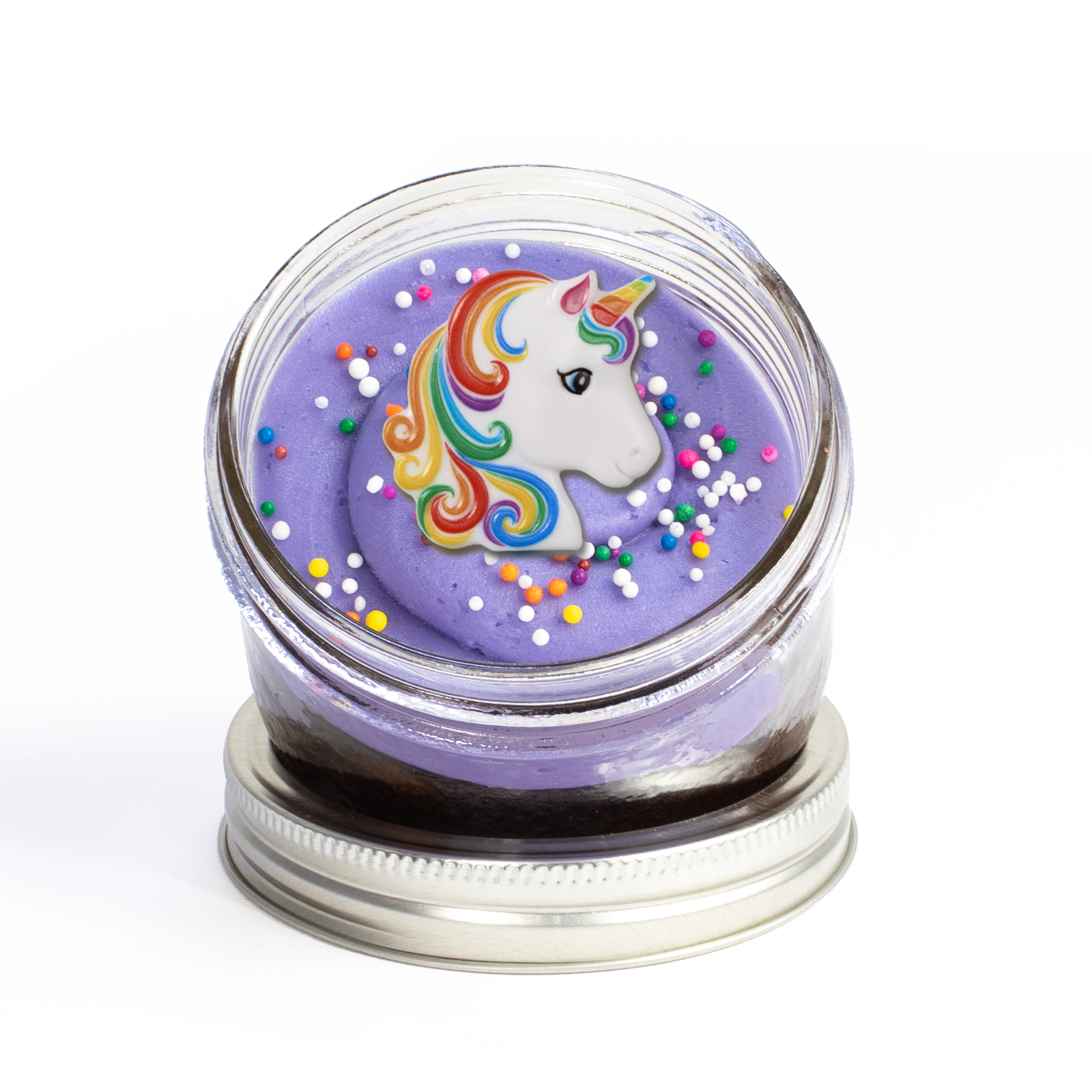 Unicorn Jarcake (Mini/Regular sizes) in a jar with personalized sticker option, rainbow frosting, and unicorn horn for nut-free delivery in Toronto.
