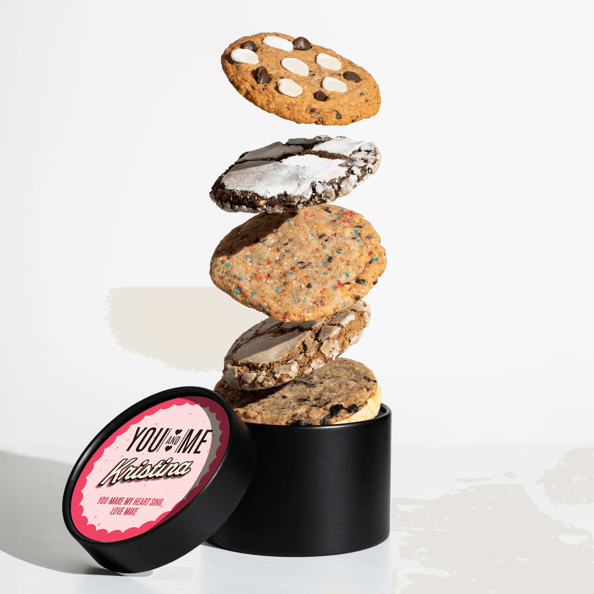 Personalized "You & Me" nut-free cookie gift box featuring a stack of assorted gourmet cookies for same-day delivery in Toronto.