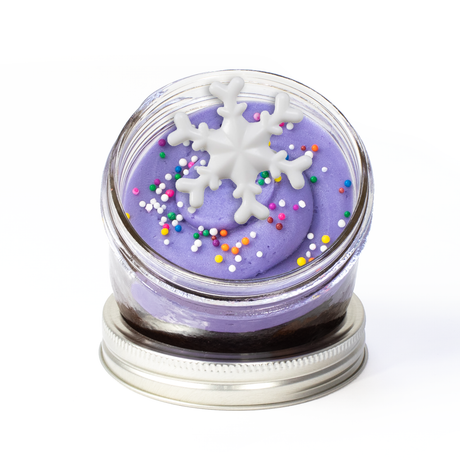 Winter Jarcake (Mini/Regular sizes) in a jar with personalized sticker option, blue and white frosting, and snowflake sprinkles for nut-free delivery in Toronto.