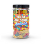 "You're Awesome" Candy Jar (6" tall) with custom name and message sticker, filled with nut-free Boom Candy for delivery in Toronto.