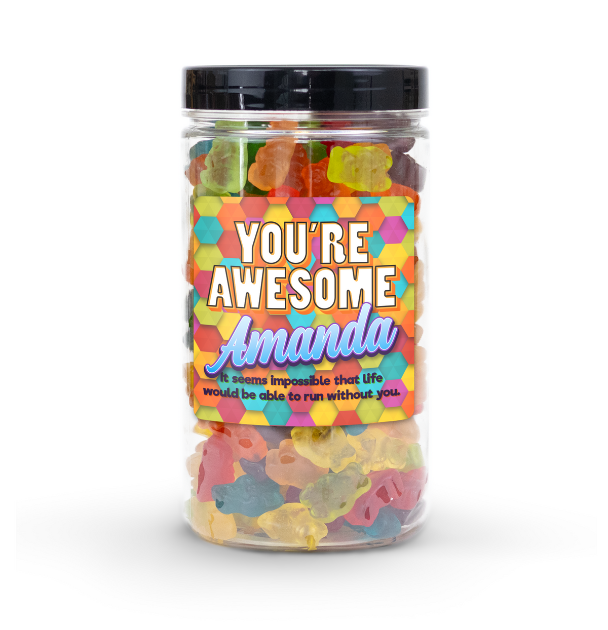 "You're Awesome" Candy Jar (6" tall) with custom name and message sticker, filled with nut-free Boom Candy for delivery in Toronto.