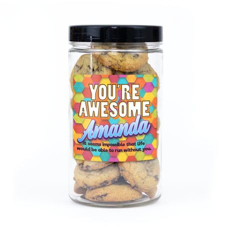 "You're Awesome" Cookie Jar (6" tall) with custom name and message sticker, filled with 20 mini cookies (Choc Chip, S'mores, Red Velvet) for delivery in Toronto.