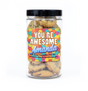 "You're Awesome" Cookie Jar (6" tall) with custom name and message sticker, filled with 20 mini cookies (Choc Chip, S'mores, Red Velvet) for delivery in Toronto.