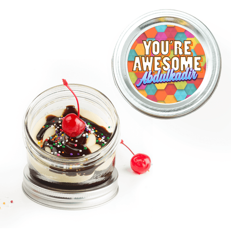 "You're Awesome" Personalized Jarcake in a jar with recognition sticker applied to a gourmet cupcake jar (various flavours available) for nut-free delivery in Toronto.
