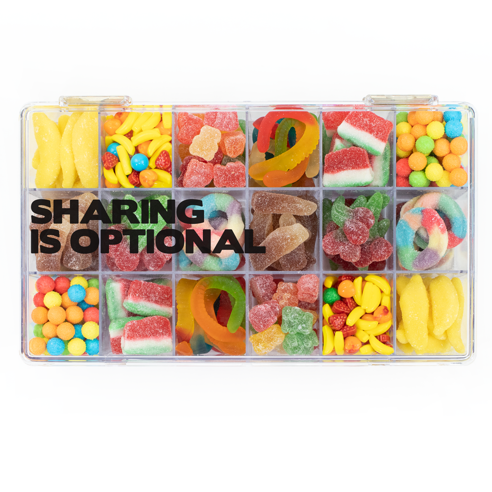 18-Piece Snackle Box, generously sized, recloseable tackle box filled with 18 varieties of nut-free Boom Candy for easy bulk gifting in Toronto.