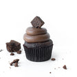 Single Chocolate gourmet nut-free cupcake with chocolate frosting and a homemade brownie piece on top for Toronto delivery.