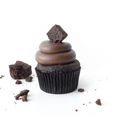 Single Chocolate gourmet nut-free cupcake with chocolate frosting and a homemade brownie piece on top for Toronto delivery.