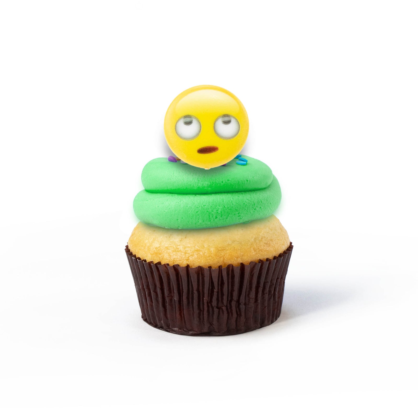 Single Emoji nut-free cupcake with smiley face image and yellow frosting for an individual gift box or school treat in Toronto.