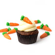 Single Carrot gourmet nut-free cupcake with cream cheese frosting and a gummy candy on top for Toronto delivery.