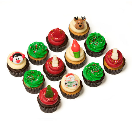 The Holly Jolly Dozen 12 pack of nut-free cupcakes with red, green, and vanilla frosting and Christmas decorations for holiday delivery in Toronto.	