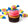 Single Bubble Gum gourmet nut-free cupcake with pink bubble gum frosting, sprinkles, and a piece of bubble gum on top for Toronto delivery.