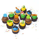 The World's Best Dad Dozen 12 pack of nut-free cupcakes with blue and brown frosting and themed decorations for Father's Day gift delivery in Toronto.	