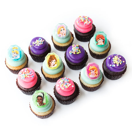 The Princess Dozen 12 pack of licensed nut-free Disney Princess cupcakes for birthday party Toronto delivery.	