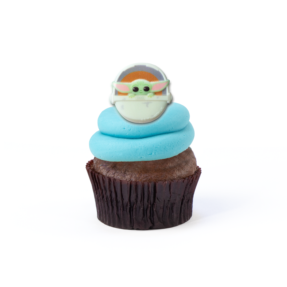 Single "Yoda Best" nut-free cupcake with The Child (Grogu) image and themed frosting for an individual gift box or school lunch in Toronto.