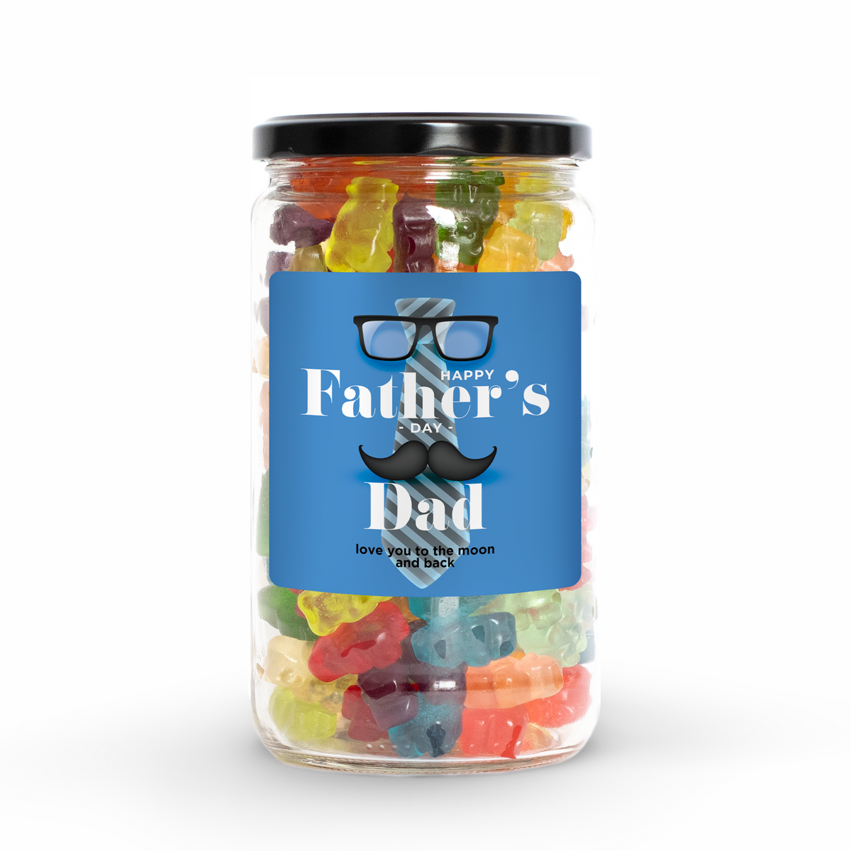 Clear Candy Jar with Black Lid Filled with Gummy Bears and Happy Father&#39;s Day Sticker