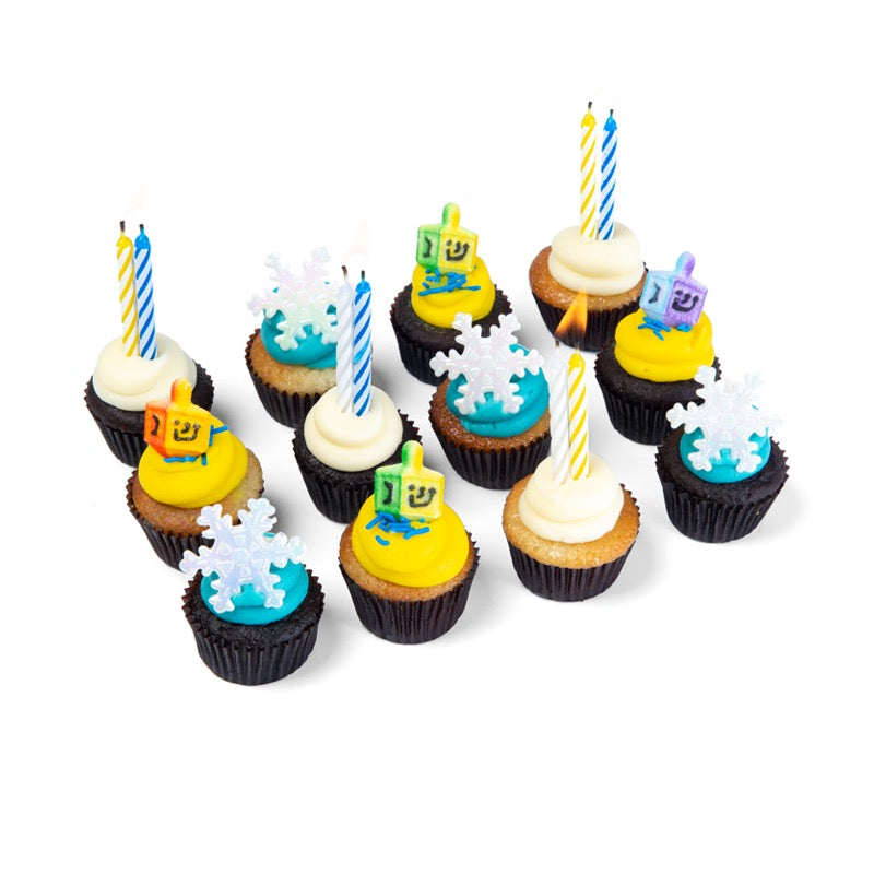 The Festival of Lights Dozen 12 pack of nut-free Hanukkah cupcakes with blue and white frosting for Toronto delivery.	