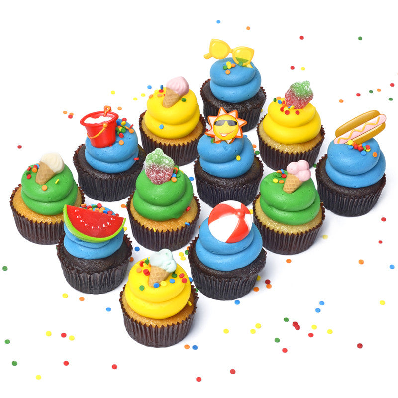 The Sizzlin' Summer Dozen 12 pack of nut-free cupcakes with blue, green, and yellow frosting for summer party delivery in Toronto.	