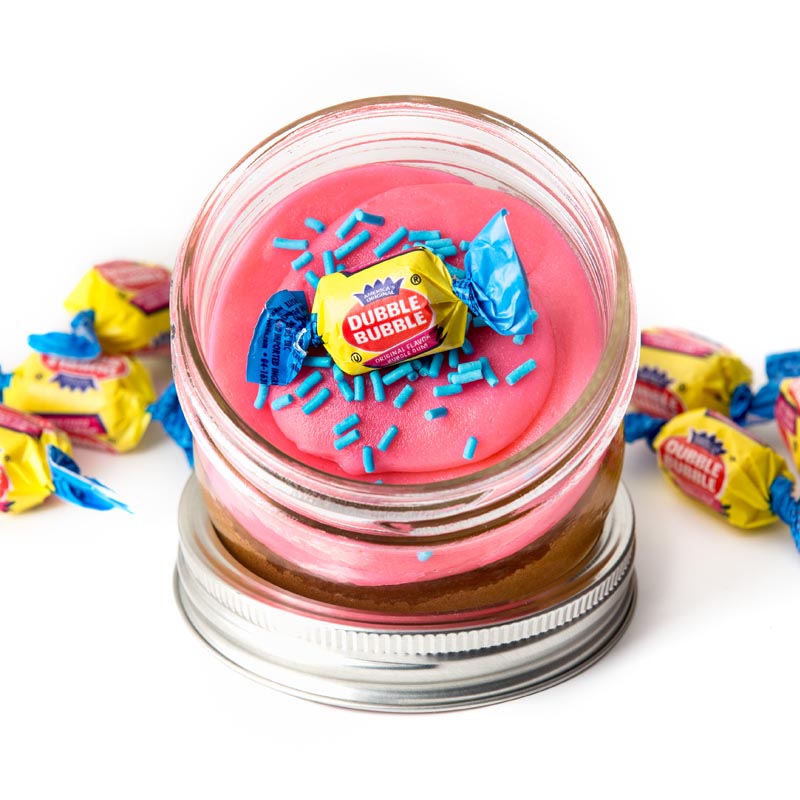 Bubble Gum Jarcake (available in Mini/Regular sizes) in a jar with personalized sticker option and bubble gum frosting for nut-free delivery in Toronto.
