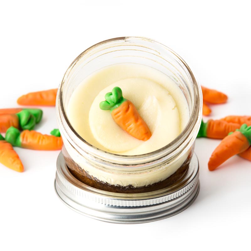 Carrot Cake Jarcake (available in Mini/Regular sizes) in a jar with personalized sticker option and cream cheese frosting for nut-free delivery in Toronto.