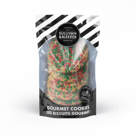 Six-pack of soft-baked Christmas nut-free chocolate chip cookies in a resealable zip-top bag for holiday gifts in Toronto.