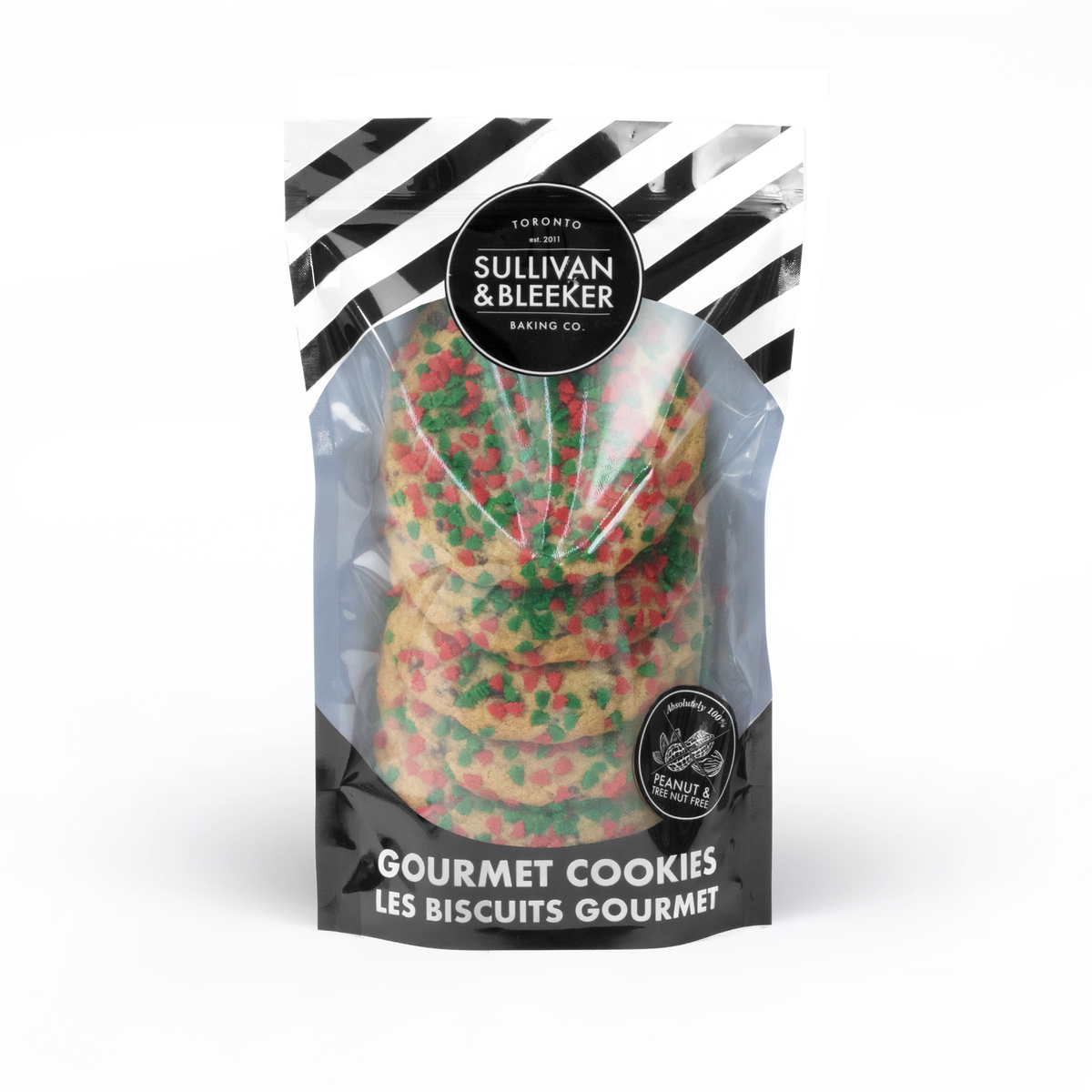 Six-pack of soft-baked Christmas nut-free chocolate chip cookies in a resealable zip-top bag for holiday gifts in Toronto.