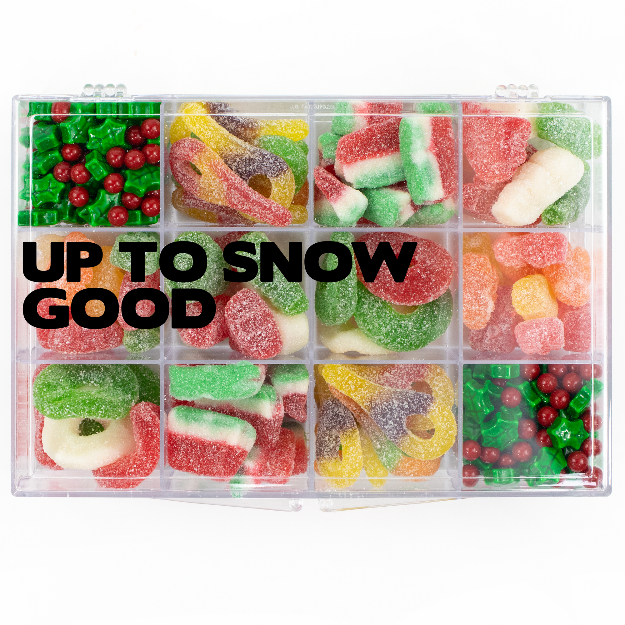 Christmas Snackle Box 12-compartment, recloseable tackle box filled with assorted nut-free holiday candy for easy gifting in Toronto.