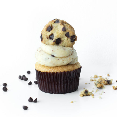 Single Cookie Dough gourmet nut-free cupcake with fudge filling, cookie dough frosting, and a whole chocolate chip cookie on top for Toronto delivery.