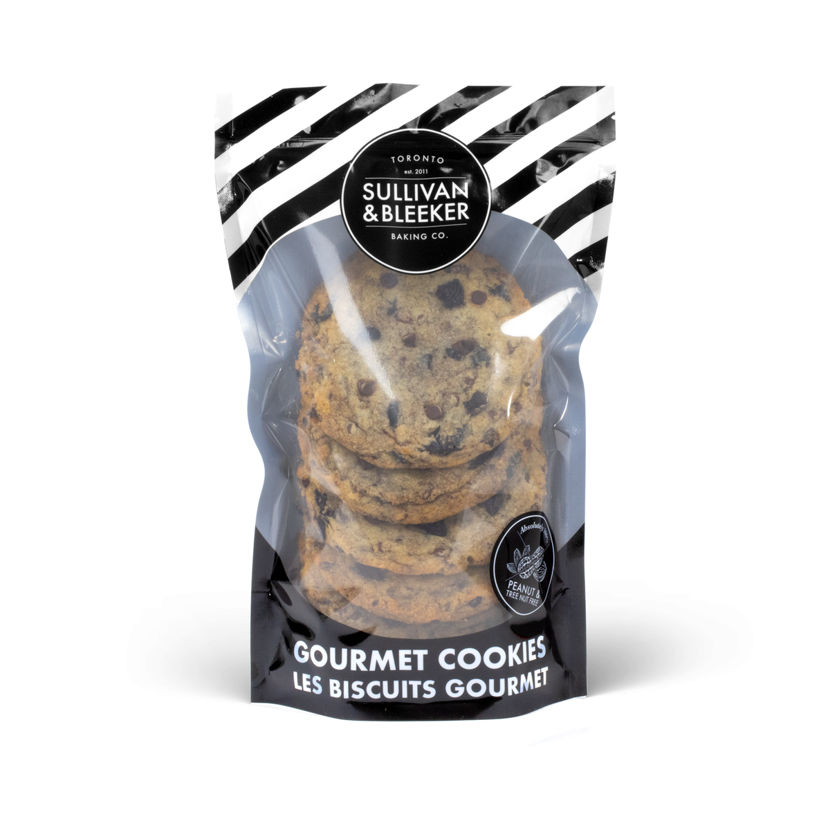 Six-pack of soft-baked Cookies &amp; Cream nut-free cookies in a resealable zip-top bag for family treats in Toronto.