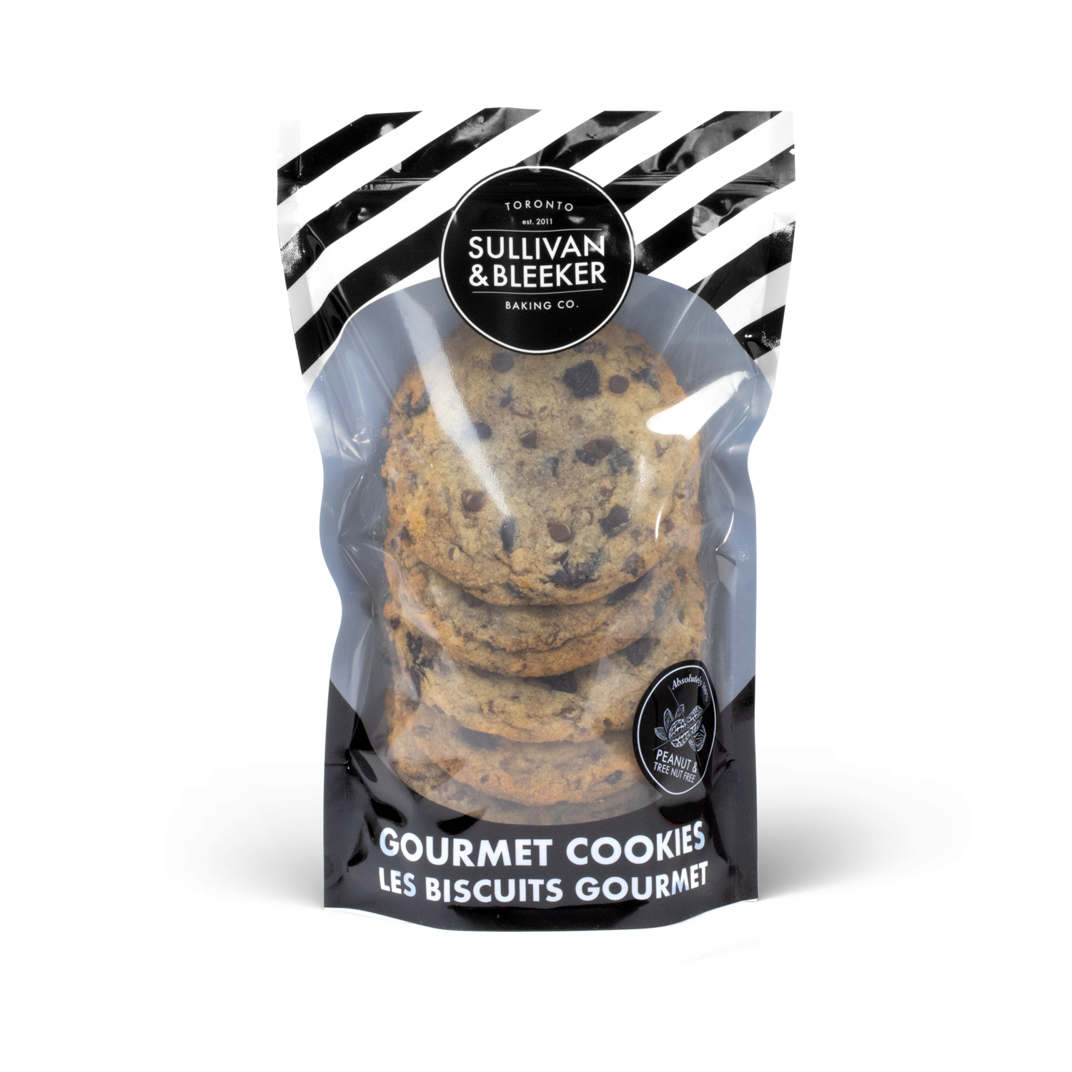 Six-pack of soft-baked Cookies & Cream nut-free cookies in a resealable zip-top bag for family treats in Toronto.