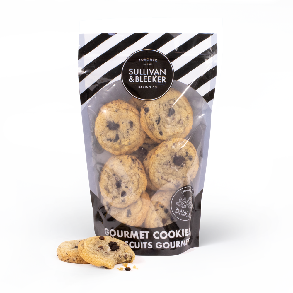 14 Mini soft-baked Cookies & Cream nut-free cookies in a resealable zip-top bag, perfect for catering and parties in Toronto.