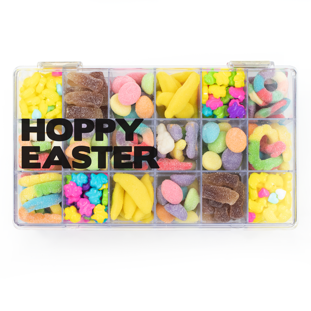 Easter 18-Piece Snackle Box, generously sized, recloseable tackle box filled with 18 varieties of nut-free spring candy for easy bulk gifting in Toronto.