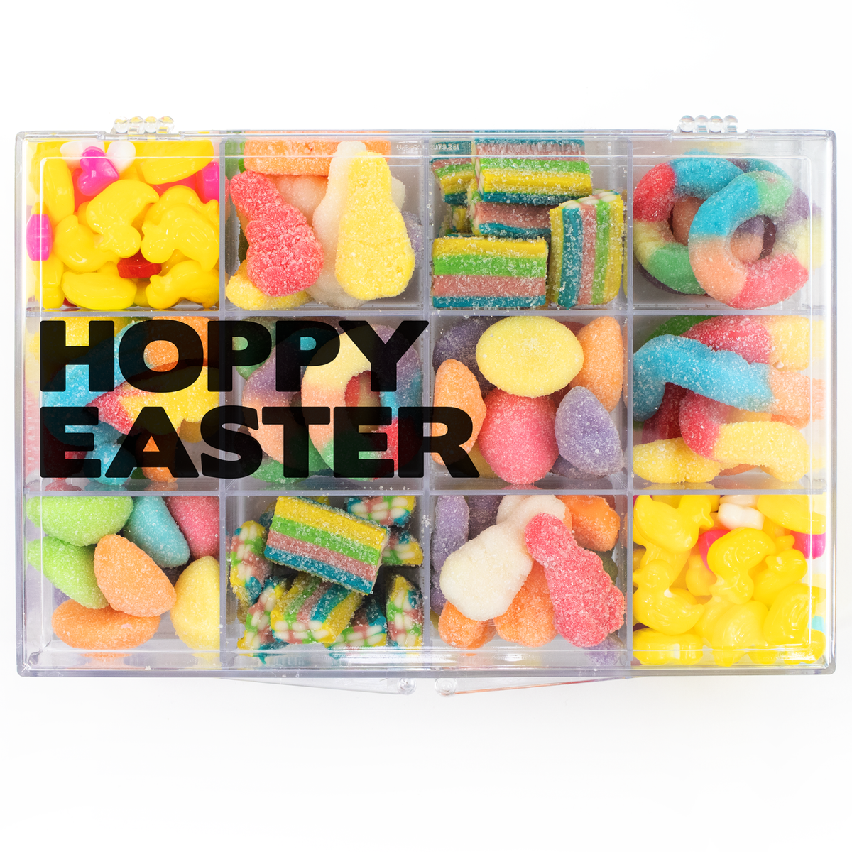 Easter Snackle Box 12-compartment, recloseable tackle box filled with assorted nut-free spring candy for easy gifting in Toronto.