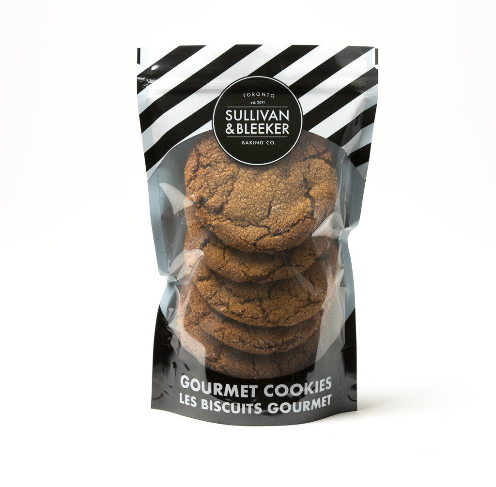 Six-pack of soft-chewy Ginger Molasses nut-free cookies in a resealable zip-top bag for family treats in Toronto.